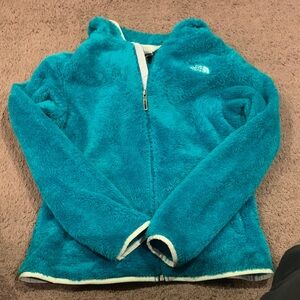 The North Face teal full zip fleece hooded jacket.